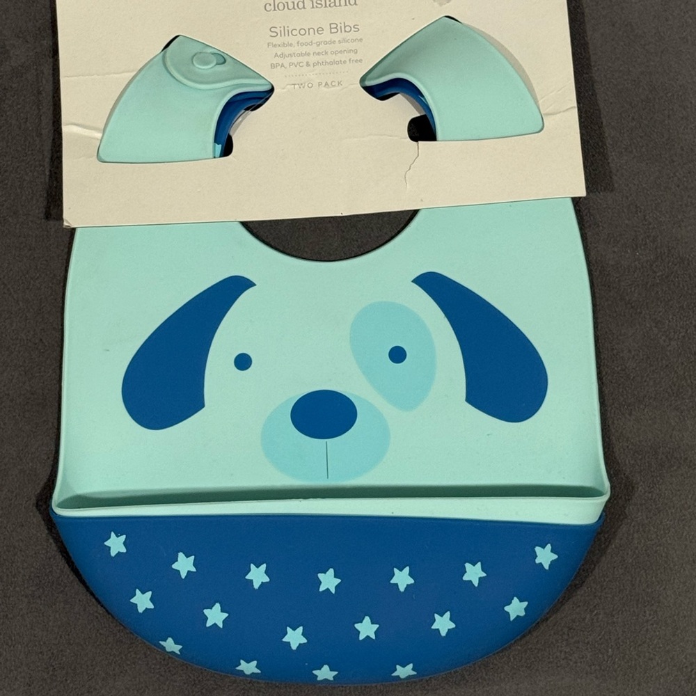 2 cloud island Light Blue Silicone Bib with Dog Face and Dark Blue Pocket